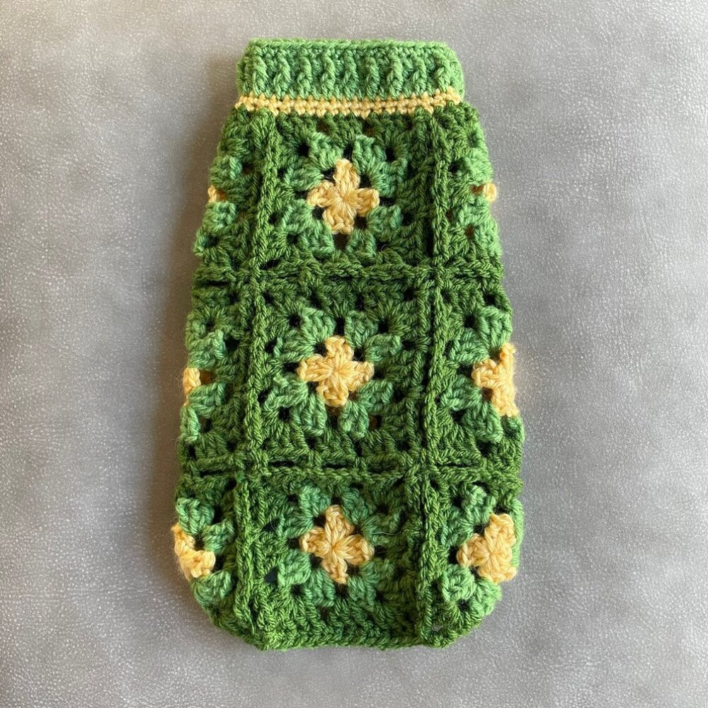 Dog Sweater Extra Small Green Yellow Crochet Handmade Yorkie, Maltese, Chihuahua